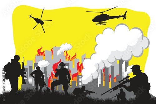 Vector illustration of warfare in the city. Silhouette of a war with lots of explosions with lots of weapons, explosions, tools of warfare