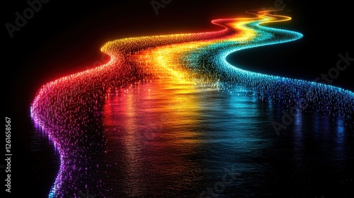 Abstract Colorful Rainbow River of Light Digital Art Glowing Particles Dark Background