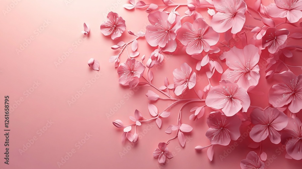 Fototapeta premium Beautiful Arrangement of Delicate Pink Flowers Set Against a Soft Pink Background Creating a Harmonious and Gentle Aesthetic Evoking Feelings of Calmness and Tranquility in Nature