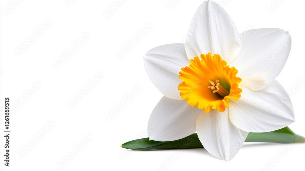 Obraz premium White daffodil flower with yellow center on white background. Generative AI