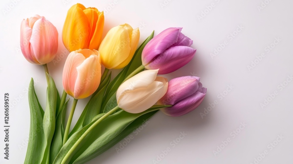Freshly cut vibrant tulip flowers on white isolated background. Generative AI Freshly cut vibrant tulip flowers on white isolated background. Generative AI