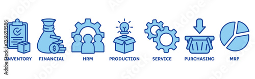 ERP icon set illustration concept for enterprise resource planning with icon of inventory, financials, hrm, production, service, purchasing, and mrp 