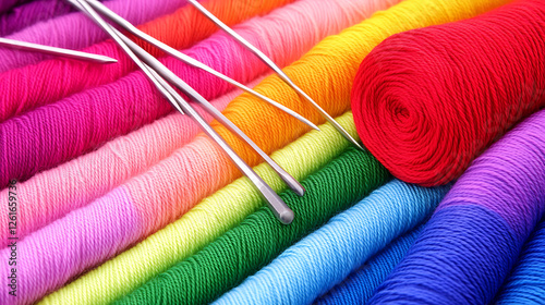 Knitting Needles on Rainbow Yarn Colorful Wool Balls Crafting Hobby Handwork Artistic Vibrant Textiles photo