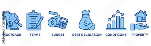 Refinance icon set illustration concept with icon of mortgage, terms, budget, debt obligation, conditions, property 