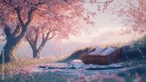 Serene Picnic Under Blooming Cherry Blossom Trees in Soft Light photo