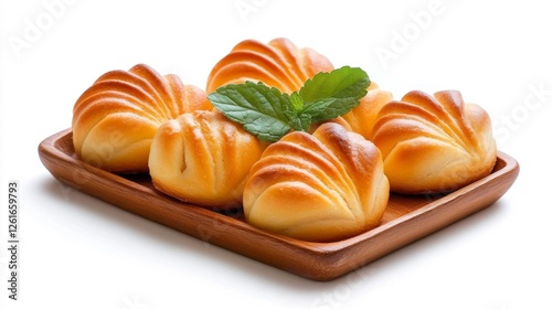 Freshly baked buttery rolls with mint leaves arranged neatly on a wooden plate. Generative AI photo