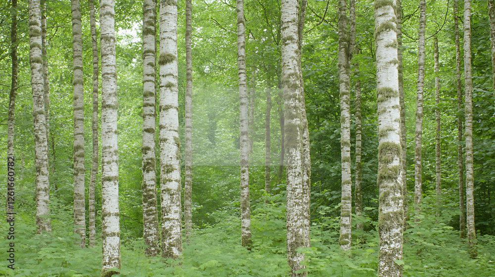 Fototapeta premium Light Filtering Through Birch Trees in Forest Landscape Green Foliage Ground Cover Fresh Air