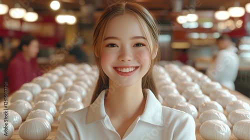 Smiling Young Asian Woman in White Polo Shirt Bakery Background Many Buns