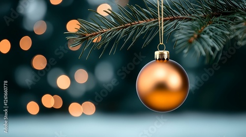 Festive gold baubles hang on a green pine branch, adding to the Christmas tree decoration