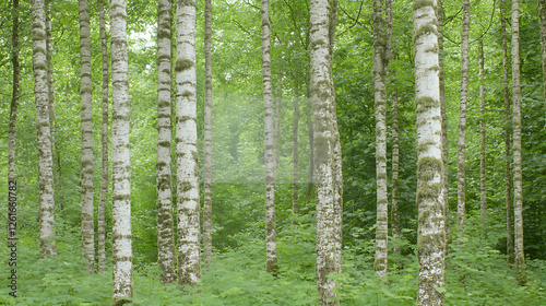 Light Filtering Through Birch Trees in Forest Landscape Green Foliage Ground Cover Fresh Air