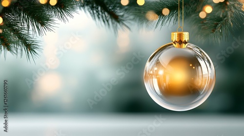 Festive gold baubles hang on a green pine branch, adding to the Christmas tree decoration