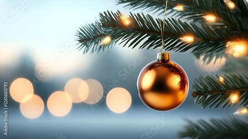 Festive gold baubles hang on a green pine branch, adding to the Christmas tree decoration