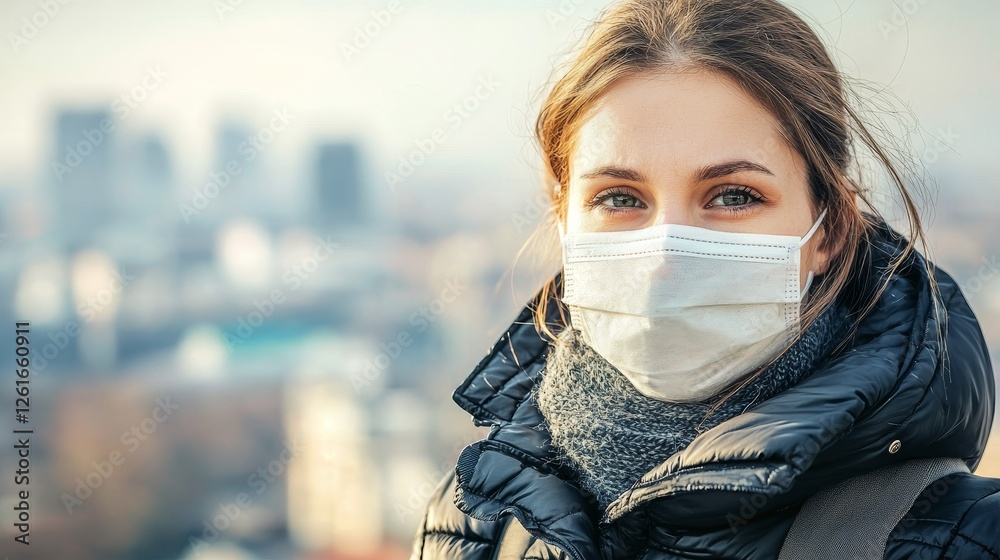 Mask-wearing young woman in urban landscape portrait photography covid-19 precautions outdoor close-up view health awareness