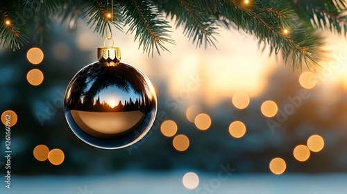 Festive gold baubles hang on a green pine branch, adding to the Christmas tree decoration