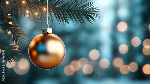 Festive gold baubles hang on a green pine branch, adding to the Christmas tree decoration