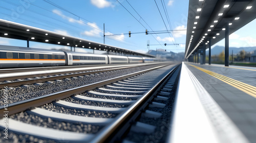 A close-up view of train tracks at a modern railway station under a clear blue sky.