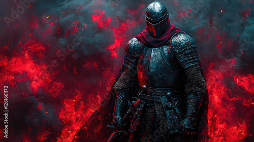 A medieval knight in full armor stands amidst a fiery, smoky inferno.