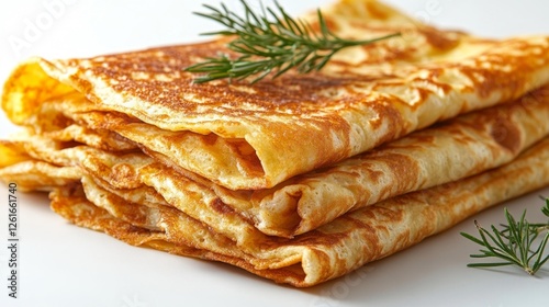 Stacked golden pancakes with a sprig of rosemary ready to be served for breakfast or brunch. Generative AI photo