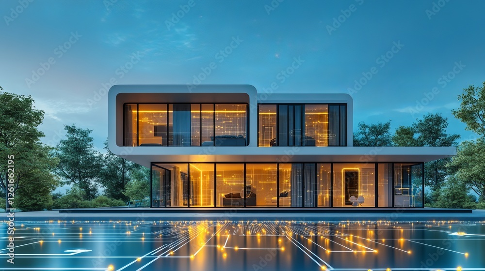 Fototapeta premium Elegant Large White House Surrounded by Lush Green Lawn and Vibrant Flower Beds Under a Clear Blue Sky Creating a Peaceful and Inviting Atmosphere for Family Living and Gatherings