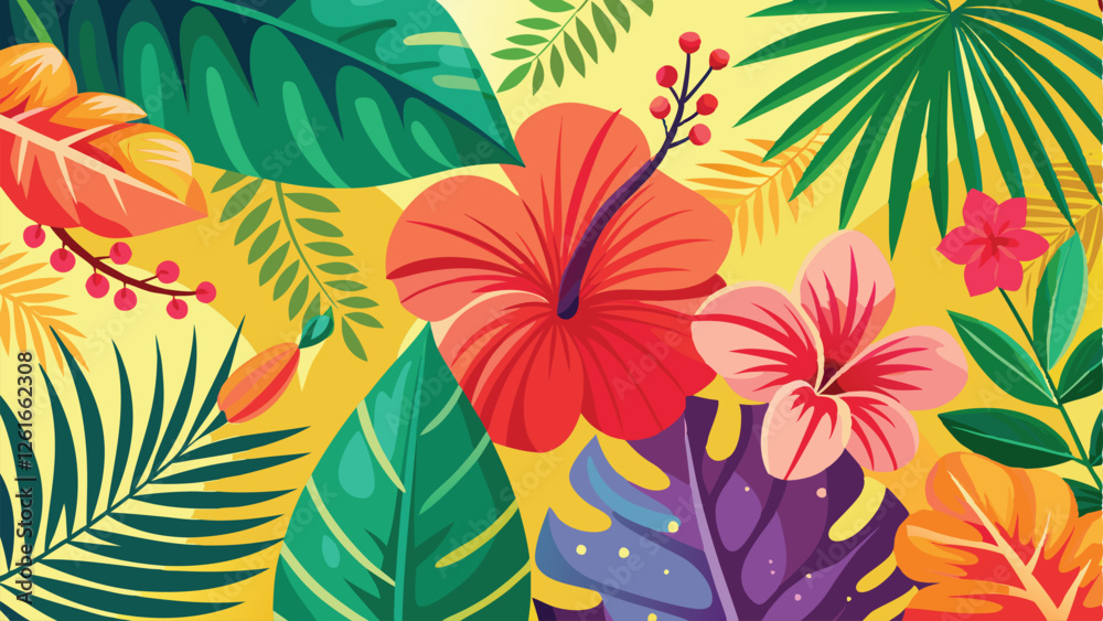 Fototapeta premium flower background, A vibrant vector background featuring tropical hibiscus flowers and palm leaves with a summer vibe