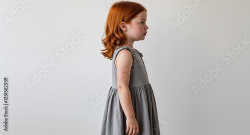 Redhead kid girl gray sleeveless dress side view portrait on plain white background