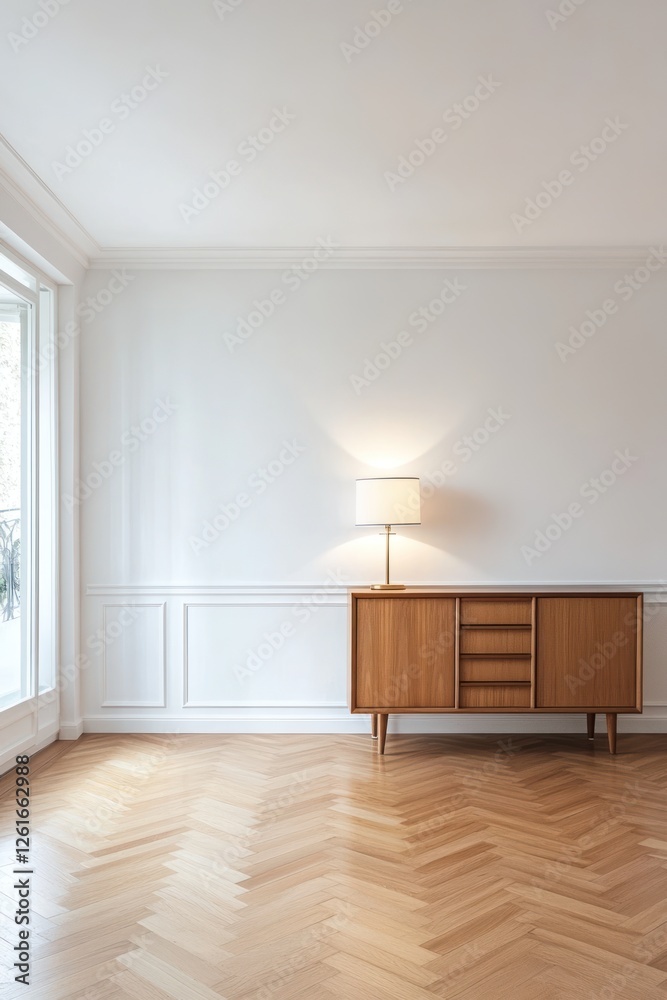 Fototapeta premium Empty bright room, herringbone floor, sunlight, mid-century dresser, interior design