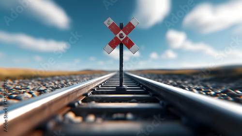 A vibrant railway crossing sign against a clear blue sky, symbolizing transportation and travel safety.