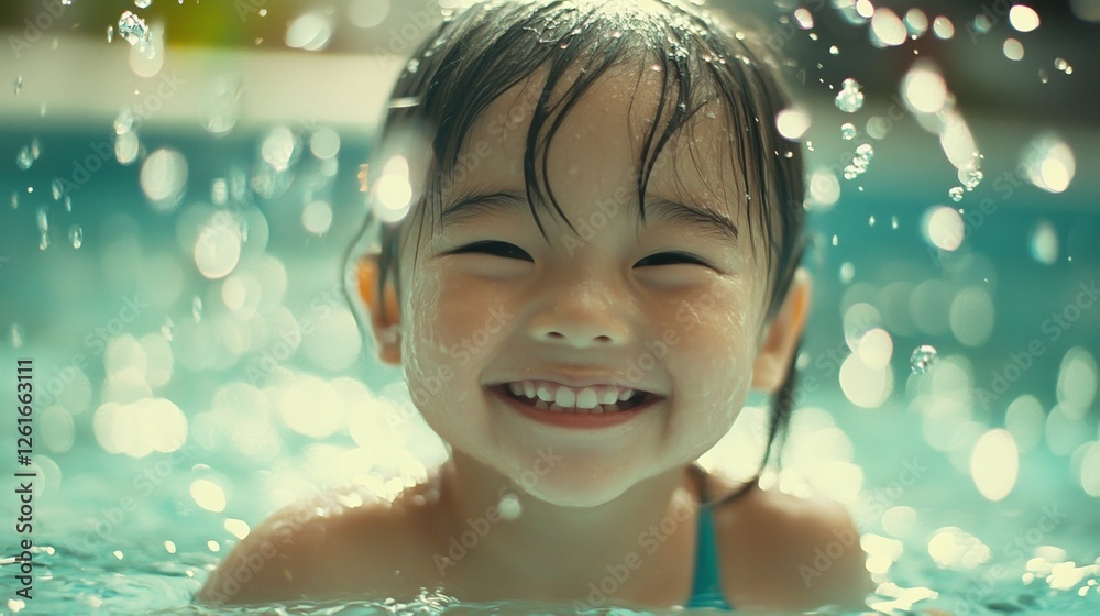 Joyful child beams with happiness in a swimming pool, embodying pure delight and carefree summer moments. Joyful child beams with happiness in a swimming pool, embodying pure delight and carefree summer moments.