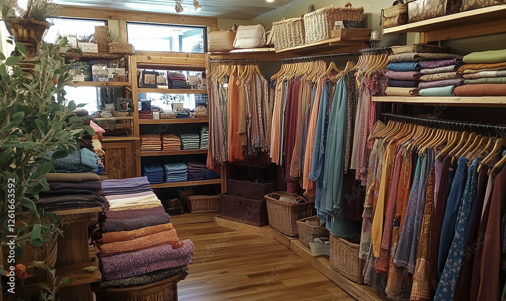 Obraz premium Handcrafted Clothes Displayed in a Well-Organized Display, Showcasing Unique Craftsmanship and Artistic Apparel Design