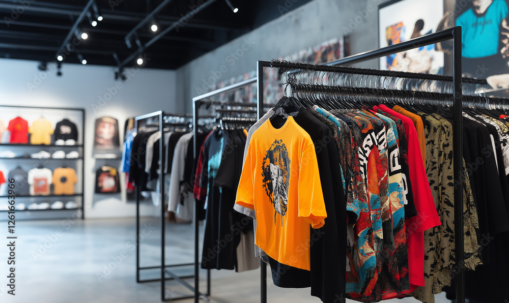 Bold Graphic Tees Hanging on Sleek Racks in a Streetwear Boutique, Representing Urban Trends and Cool Styles Bold Graphic Tees Hanging on Sleek Racks in a Streetwear Boutique, Representing Urban Trends and Cool Styles