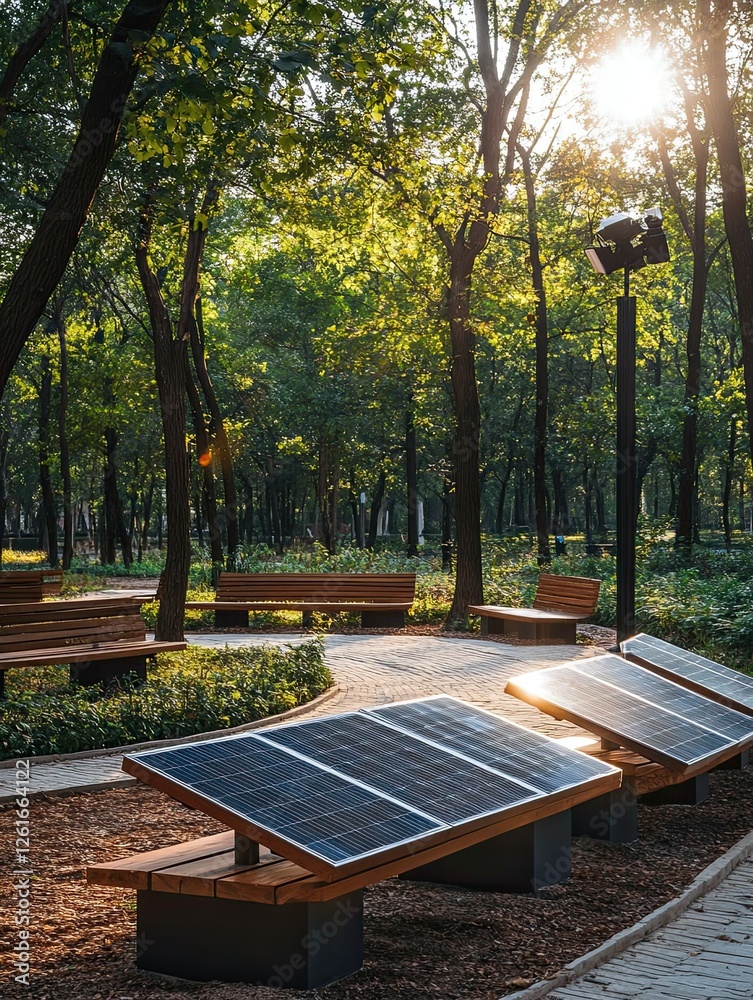 Naklejka premium Park solar panels sunrise energy benches