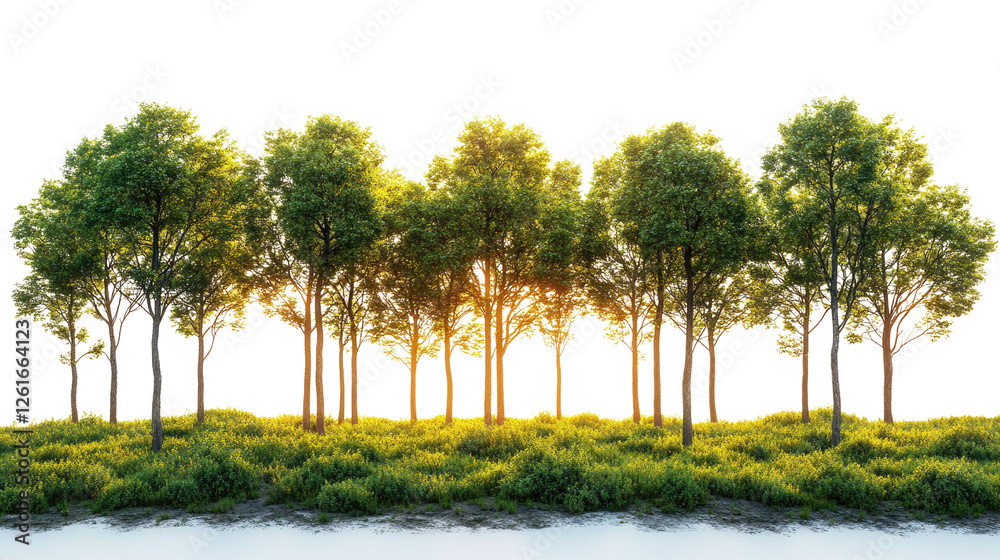 Obraz premium A Forest Embrace: A verdant forest stands in serene splendor, with the sun gently illuminating the tops of the trees and a soft, inviting light filtering through the leaves.