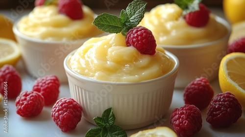 Lemon Curd with Fresh Raspberries and Mint Leaves in Small Bowls. Generative AI photo