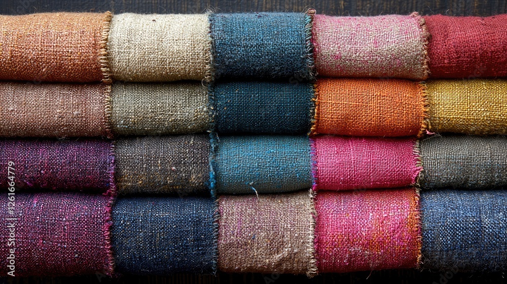 Colorful fabric rolls arranged neatly, showcasing various textures and hues for textile design Colorful fabric rolls arranged neatly, showcasing various textures and hues for textile design