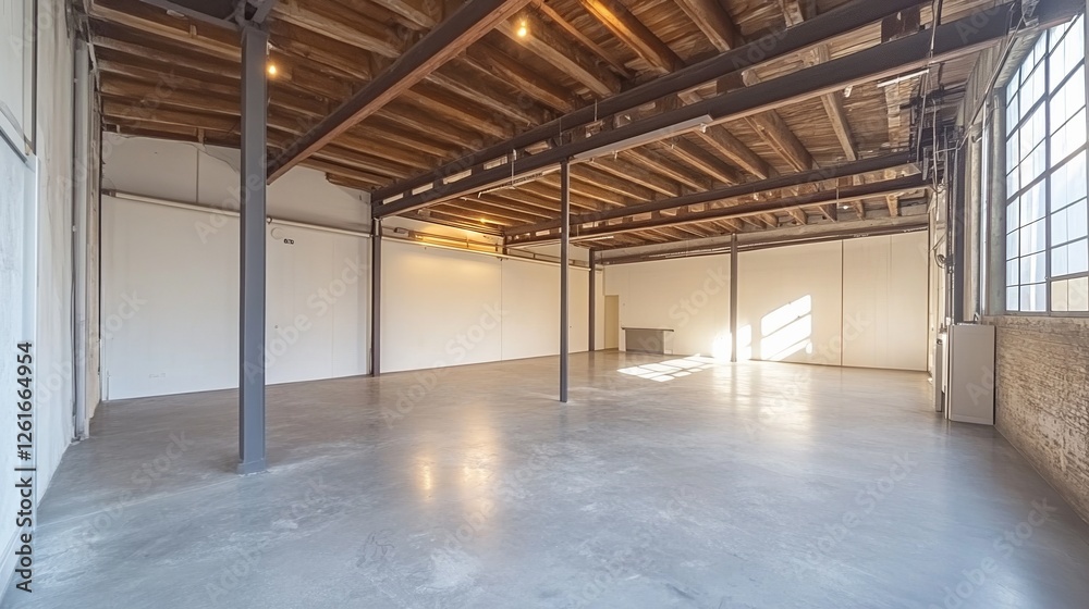 Modern warehouse interior with clean lines and open space, showcasing industrial simplicity and functional design. Modern warehouse interior with clean lines and open space, showcasing industrial simplicity and functional design.
