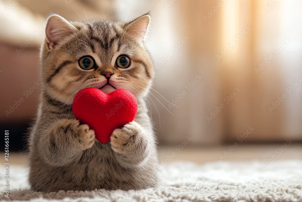 Obraz premium Ad campaign companion idea. Cute exotic shorthair baby feline with diamond red heart at cozy living space. Exotic shorthair - my treasured cat, symbol of care. Valentineâ€™s day fur baby.