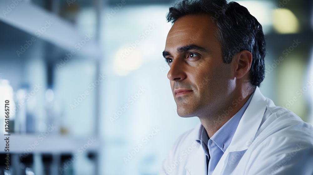 Focused male scientist in lab coat embodies dedication to scientific discovery. Focused male scientist in lab coat embodies dedication to scientific discovery.