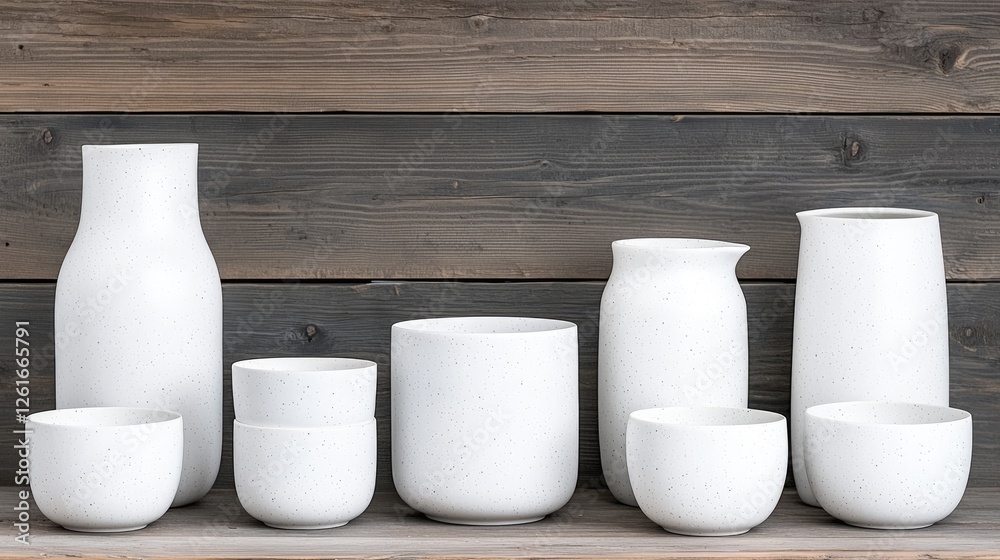 White ceramic tableware display on wooden shelf White ceramic tableware display on wooden shelf
