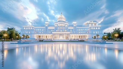 The blue sky reflects in the water near a white building, reminiscent of Istanbul's architecture