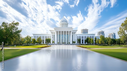 The blue sky reflects in the water near a white building, reminiscent of Istanbul's architecture