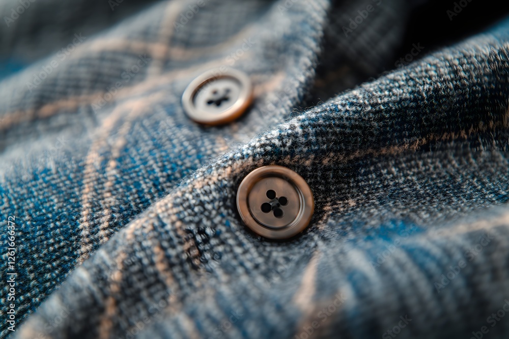 Closeup plaid shirt buttons, casual wear Closeup plaid shirt buttons, casual wear