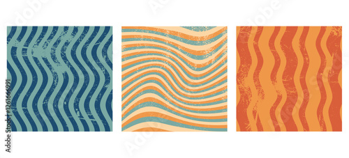 Groovy wave backgrounds set. Hand drawn, hippie backgrounds. Doodle waves, Distorted uneven stripes, warped streaks. Fluid liquid wavy lines. Retro colors. Texture