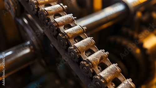 Industrial drive chain in factory setting photo