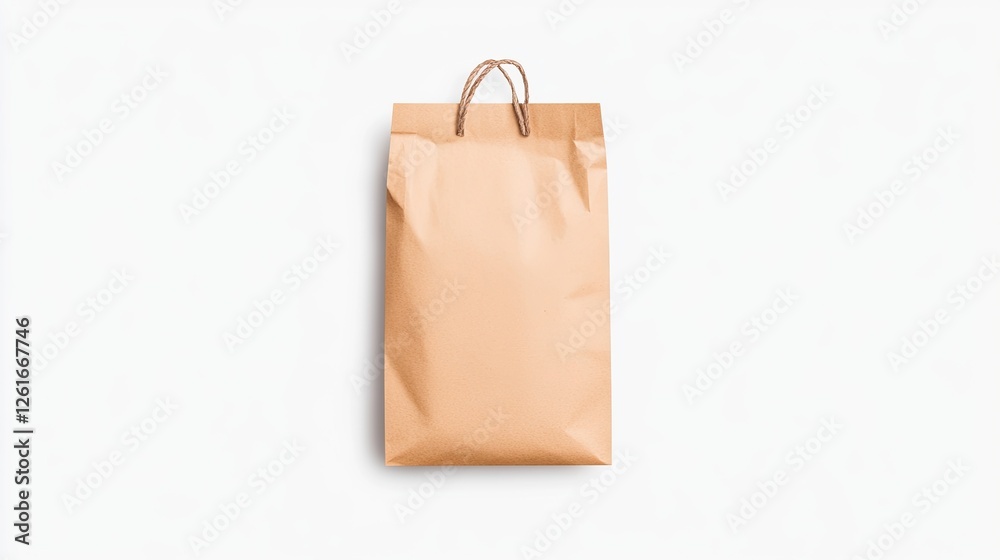 Simple brown paper bag with handles on a white background, ideal for packaging or shopping Simple brown paper bag with handles on a white background, ideal for packaging or shopping