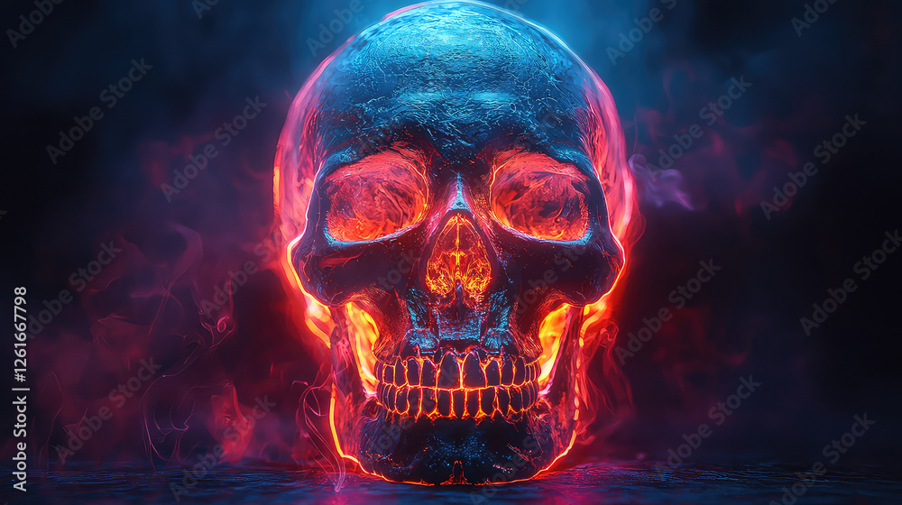 Glowing skull engulfed in vibrant red and blue flames, dark background. Glowing skull engulfed in vibrant red and blue flames, dark background.