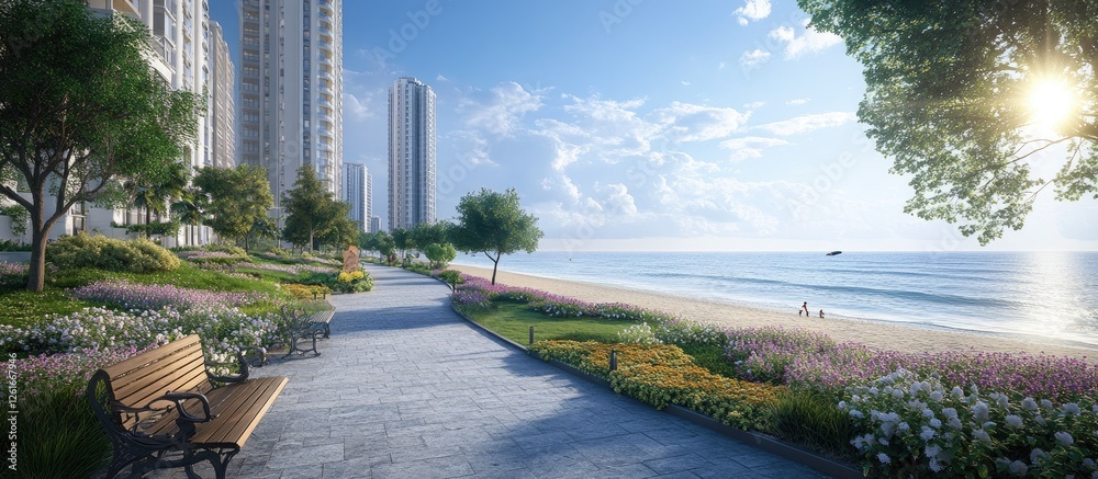 Fototapeta premium Coastal walkway with high-rises, flowers, and beach scene