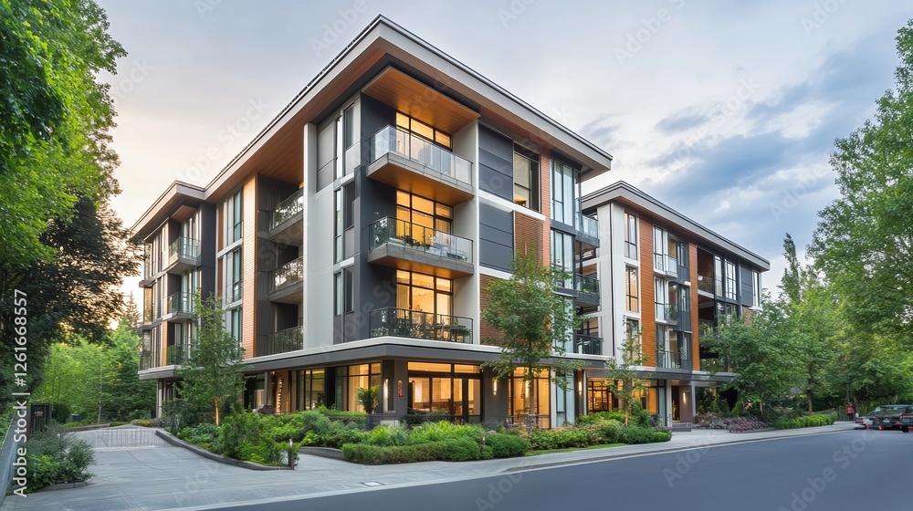 Modern residential building with clean design, showcasing simplicity and contemporary living. Modern residential building with clean design, showcasing simplicity and contemporary living.