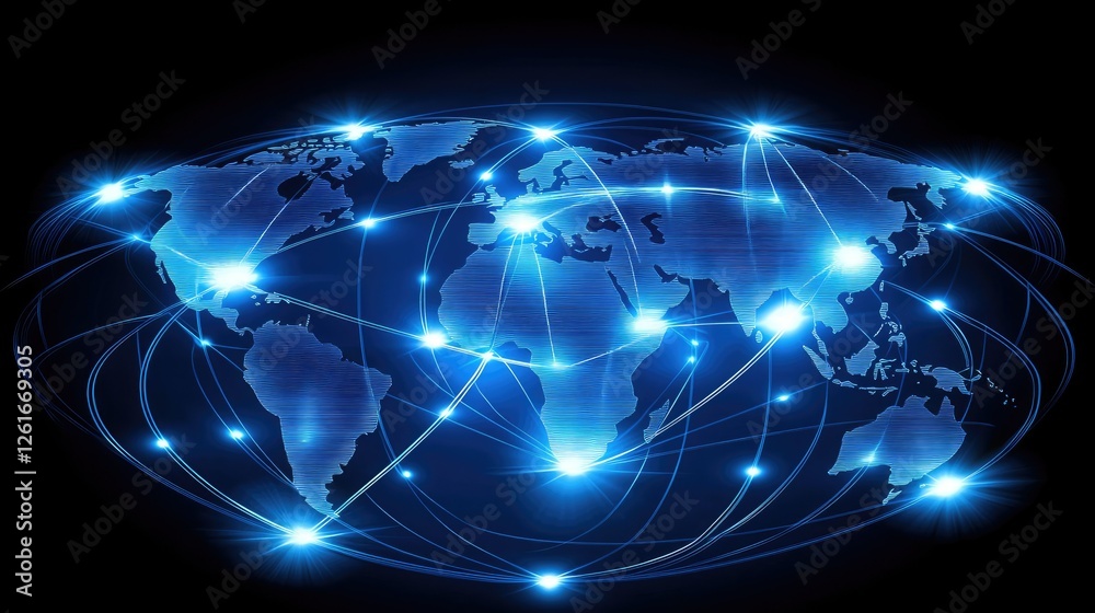 Digital World Map with Light Connections and Network Visualization Digital World Map with Light Connections and Network Visualization