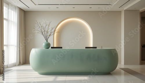 Stylish reception desk in a modern, minimalist lobby with soft lighting and elegant decor. Ideal for branding, business presentations, and interior design mockups.