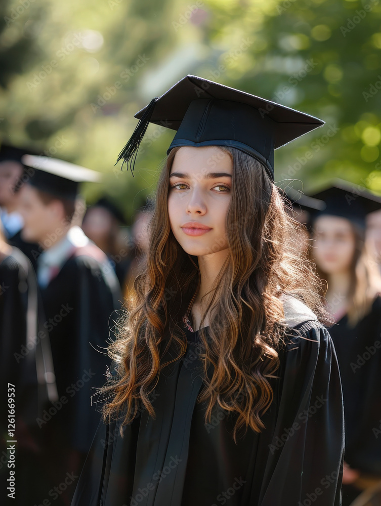 Fototapeta premium A young woman in graduation attire stands among peers, celebrating academic achievement.
